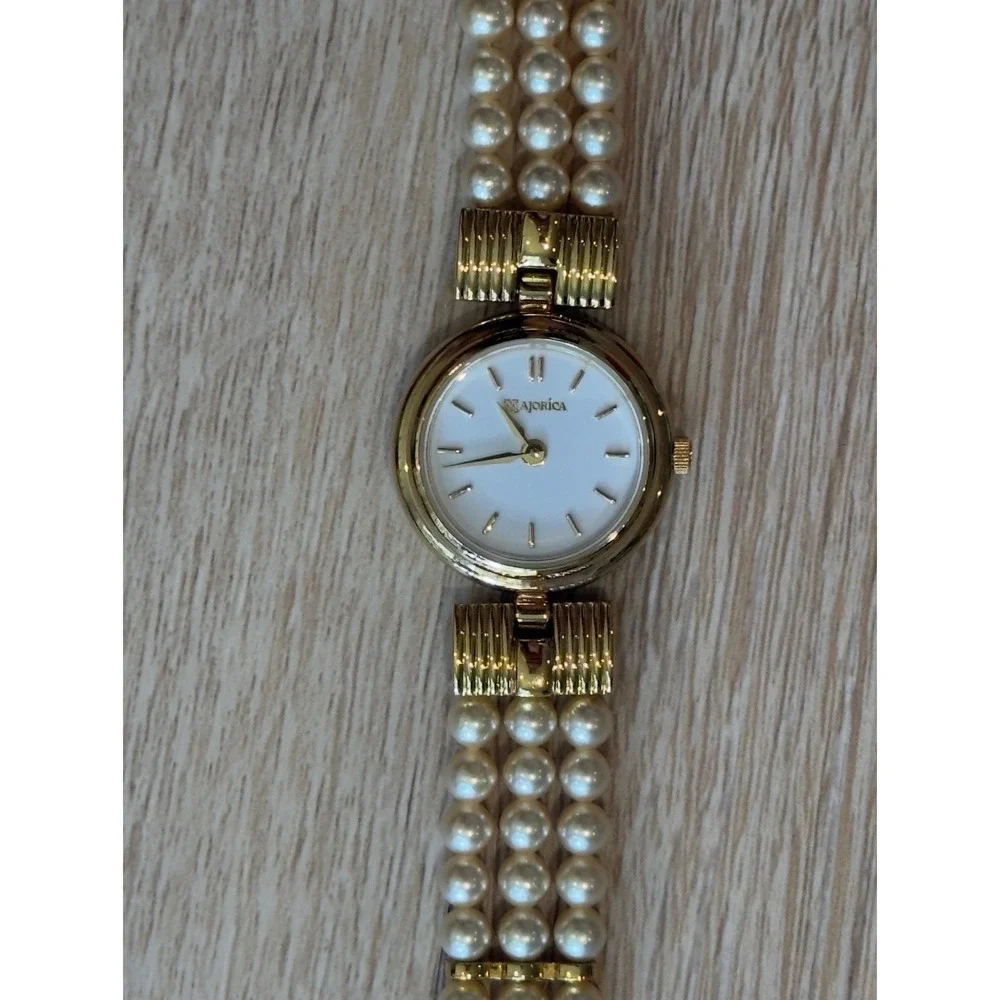 Vintage Majorica 18K Gold Electroplated Faux Pearl Strand Watch